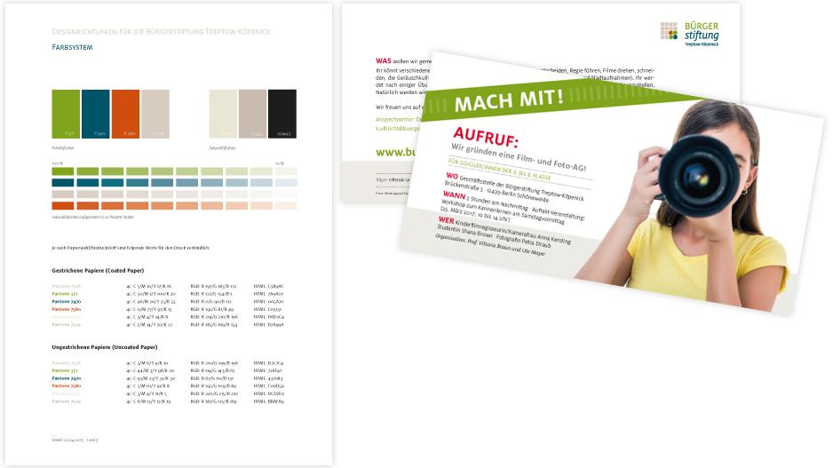 Auszug CD-Handbuch und Werbeflyer für die Bürgerstiftung Treptow-Köpenick Corporate Design für die Bürgerstiftung Treptow-Köpenick